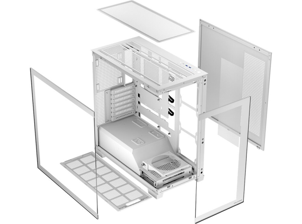 Obudowa MODECOM Volcano Stellar Midi Grafika przedstawiająca poszczególne elementy obudowy w widoku rozłożonym na części