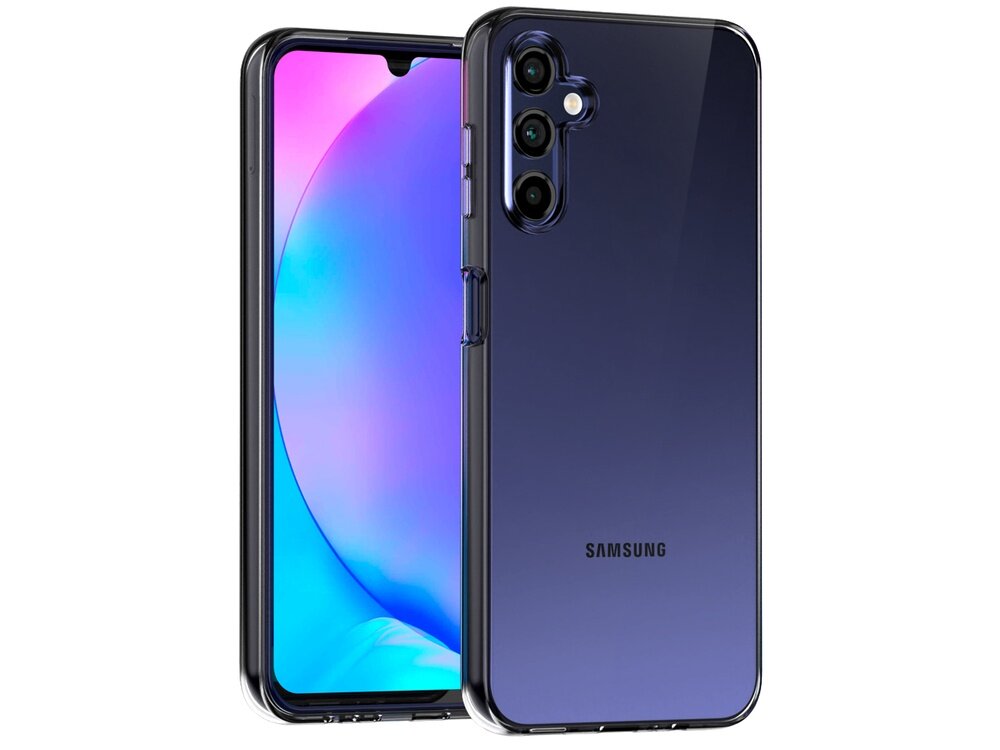 Na obrazie widoczny jest smartfon z przezroczystym etui, z trzema obiektywami aparatu z tyłu. Na obudowie telefonu znajduje się napis \'SAMSUNG\'.