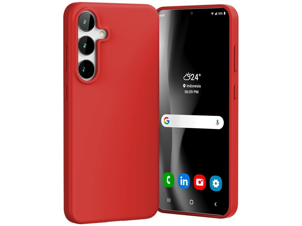 Czerwone etui na telefon z trzema wycięciami na aparaty. Na ekranie telefonu widoczna jest pogoda \'24°C\', lokalizacja \'Indonesia\', godzina \'06:09 PM\' oraz ikony aplikacji.