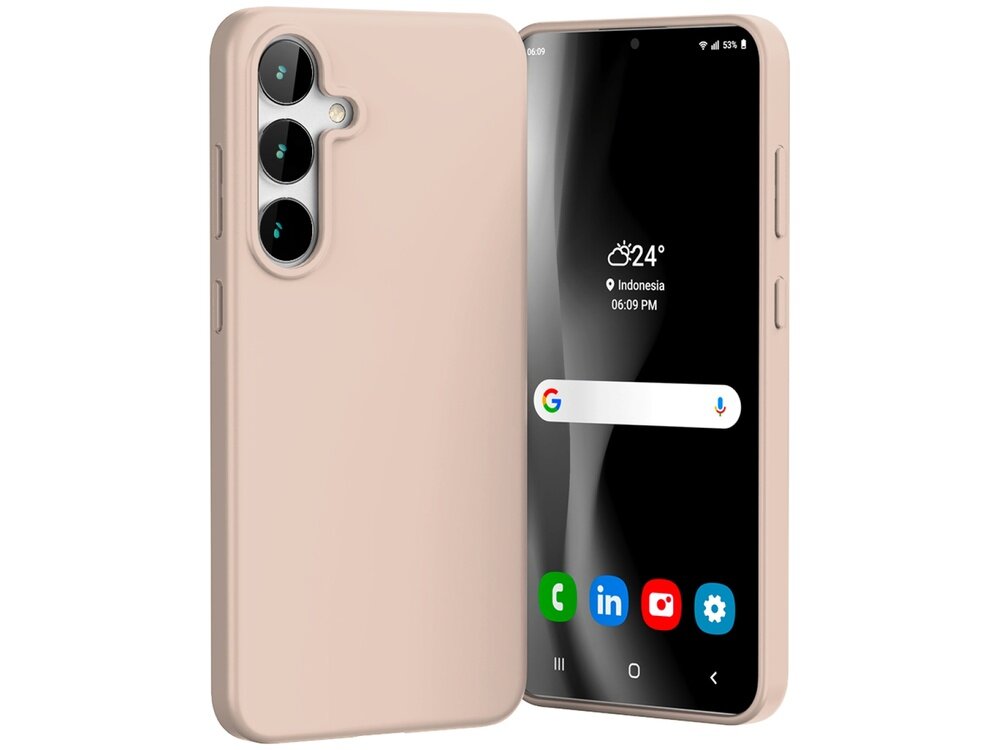 Etui w kolorze różowo-piaskowym na telefon z trzema wycięciami na aparaty. Na ekranie telefonu widoczna jest pogoda, godzina oraz ikony aplikacji.