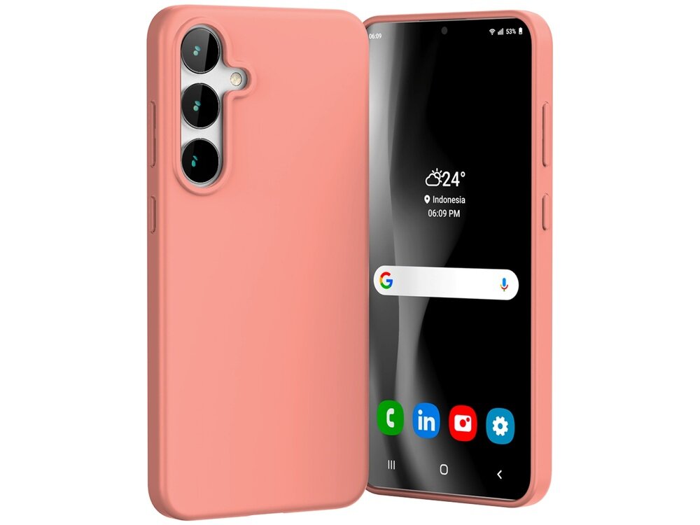 Obraz przedstawia jasnoróżowe etui na telefon z trzema wycięciami na aparaty. Na ekranie telefonu widoczna jest pogoda \'24°C, Indonesia, 06:09 PM\' oraz ikony aplikacji.