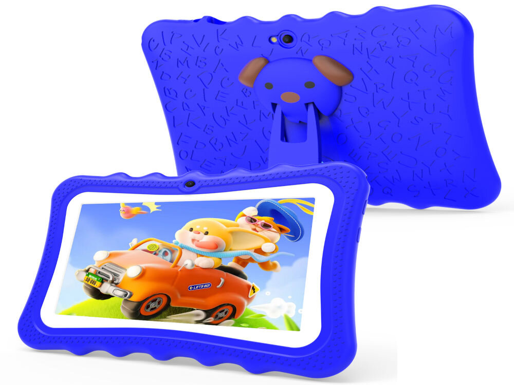 Tablet BLOW Kids Tab 7 V2 7 cali 4/32 GB Wi-Fi Niebieski prezentacja urządzenia od przodu i od tyłu na białym tle czterordzeniowy procesor 4 GB pamięci RAM stabilne i szybkie działanie wielozadaniowość wymagające aplikacje