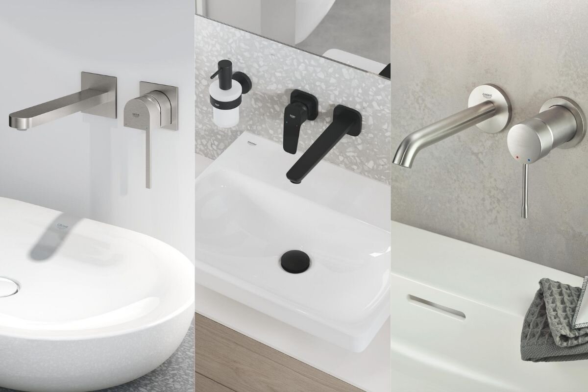 ELEMENT PODTYNKOWY BATERII 2-OTWOROWEJ GROHE 23571000 Przykłady trzech różnych baterii ściennych do umywalek w nowoczesnych aranżacjach łazienkowych element podtynkowy montaż ścienny mosiężny korpus trwałość swoboda montażu