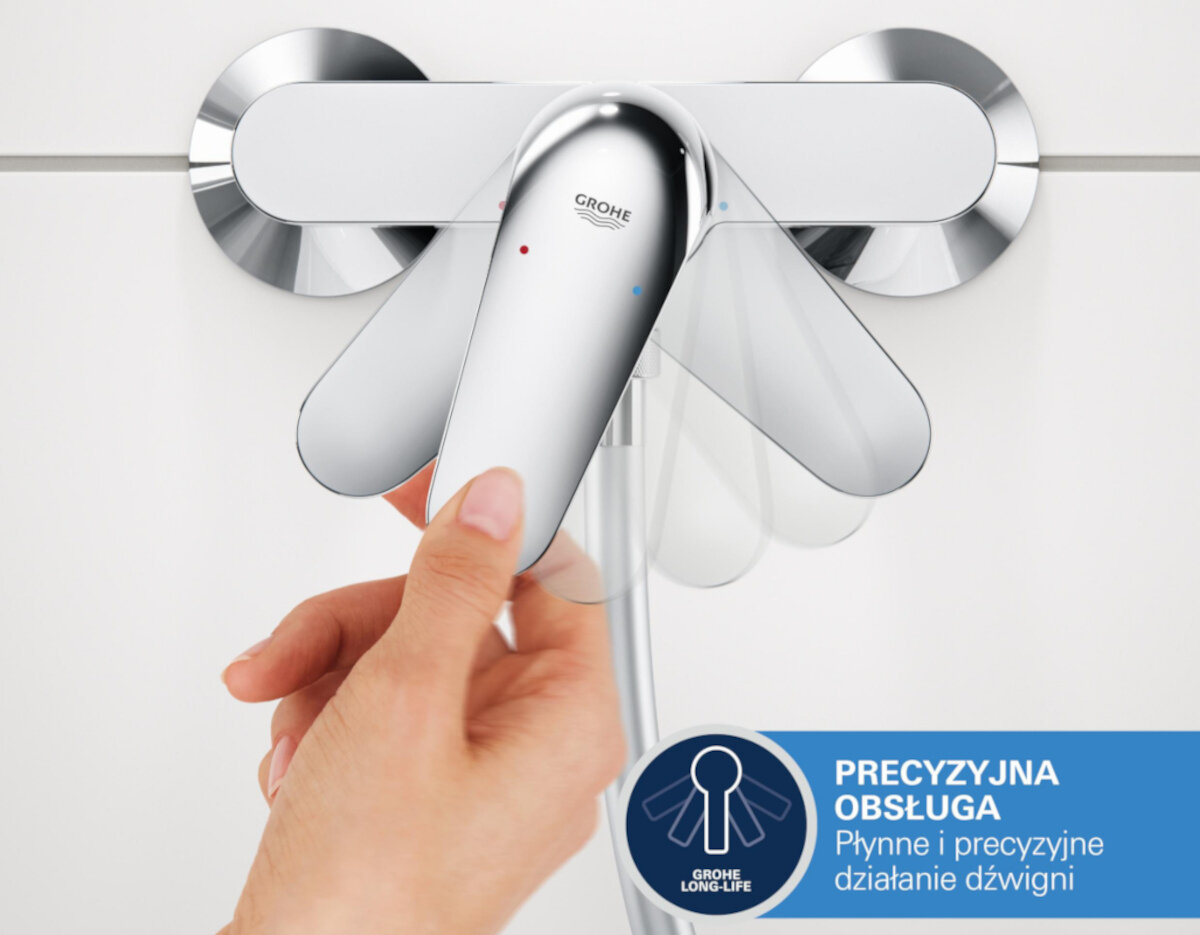 ELEMENT PODTYNKOWY BATERII 2-OTWOROWEJ GROHE 23571000 Bateria jednouchwytowa, na której pokazano płynność działania dźwigni podczas regulacji wody ceramiczna głowica GROHE SilkMove precyzyjna regulacja temperatura wody trwałość