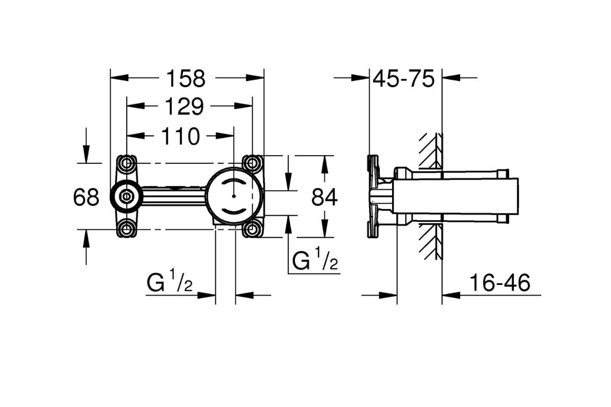 ELEMENT PODTYNKOWY BATERII 2-OTWOROWEJ GROHE 23571000 Rysunek techniczny prezentujący wymiary oraz sposób montażu podtynkowego elementu instalacyjnego z przyłączami G 1/2