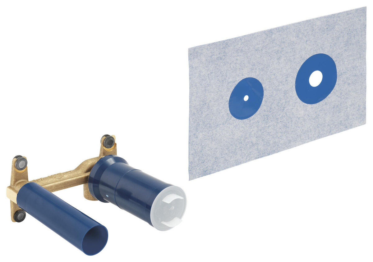 ELEMENT PODTYNKOWY BATERII 2-OTWOROWEJ GROHE 23571000 Podtynkowy element montażowy z osłonami ochronnymi oraz uszczelką maskującą widoczną obok zawartość zeatawu zeataw uszczelniający