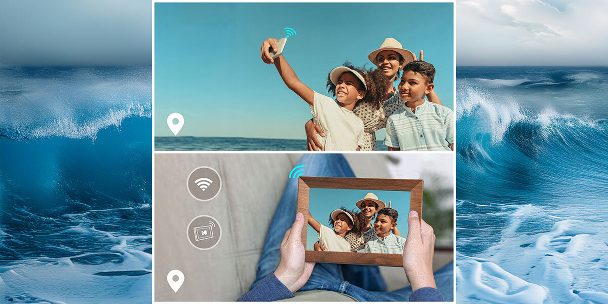 Ramka cyfrowa KODAK CF102P Brązowy, WiFi i synchronizacja online, Rodzina na zewnatrz robi zdjęcie i przesyła do innej osoby, zdjęcie wyświetla się w ramce