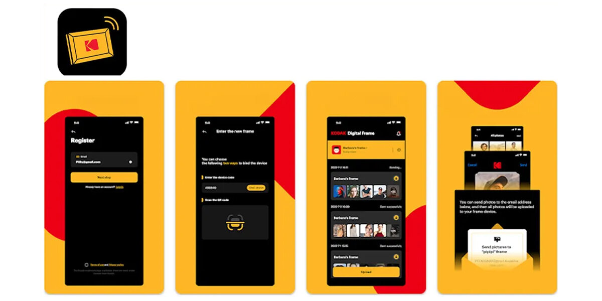 Ramka cyfrowa KODAK CF102P Brązowy, Aplikacja Digital Frame, Prezentacja aplikacji na telefonie w 4 różnych obrazkach
