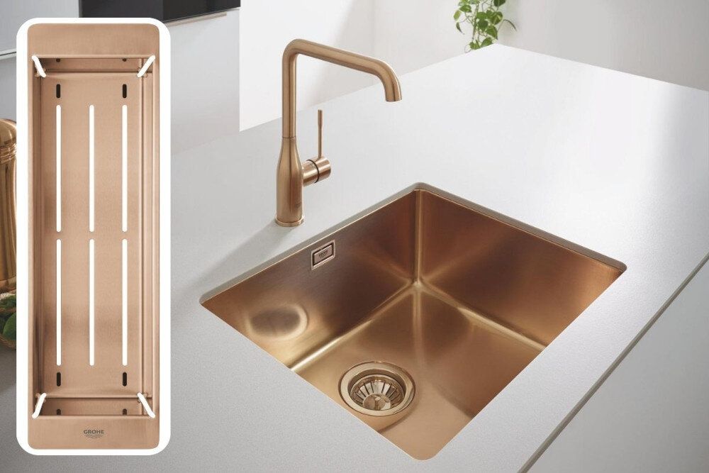 WKŁADKA OCIEKOWA GROHE RÓŻOWE ZŁOTO kuchnia szary blat zlewozmywak bateria dekoracje kuchenne akcesoria