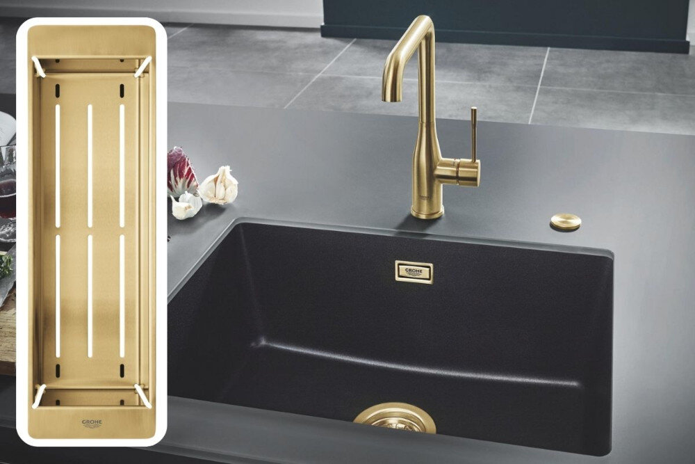 WKŁADKA OCIEKOWA GROHE SZCZOTKOWANE ZŁOTO kuchnia szary blat zlewozmywak bateria dekoracje kuchenne akcesoria