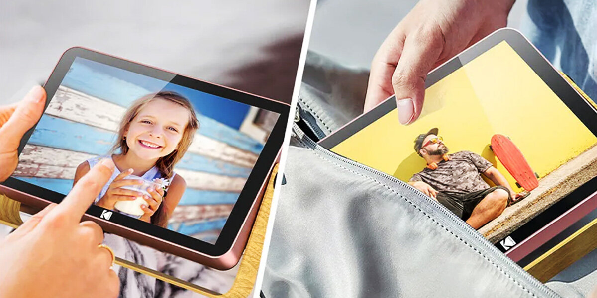 Ramka cyfrowa KODAK RWF-108V Różowy, Bateria, 2 różne osoby prezentujące ramkę 