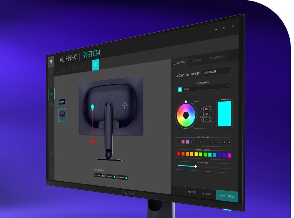 Monitor DELL Alienware AW2725Q Interfejs oprogramowania konfiguracyjnego z kołem barw i suwakami do zarządzania podświetleniem urządzenia