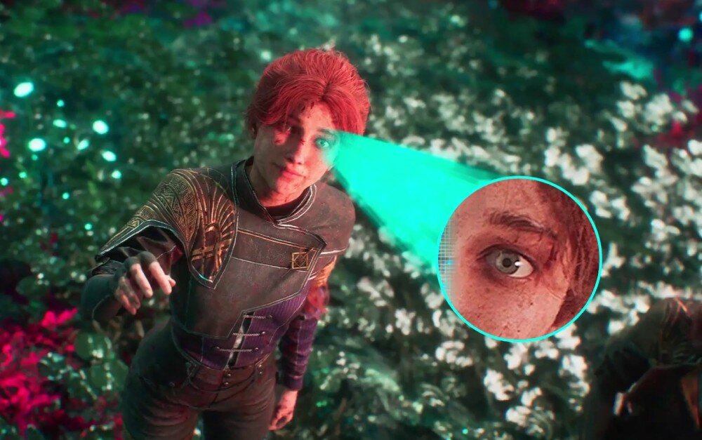 Monitor DELL Alienware AW2725Q Postać z gry z powiększonym w okręgu fragmentem twarzy prezentującym szczegółowość oka i tekstury skóry