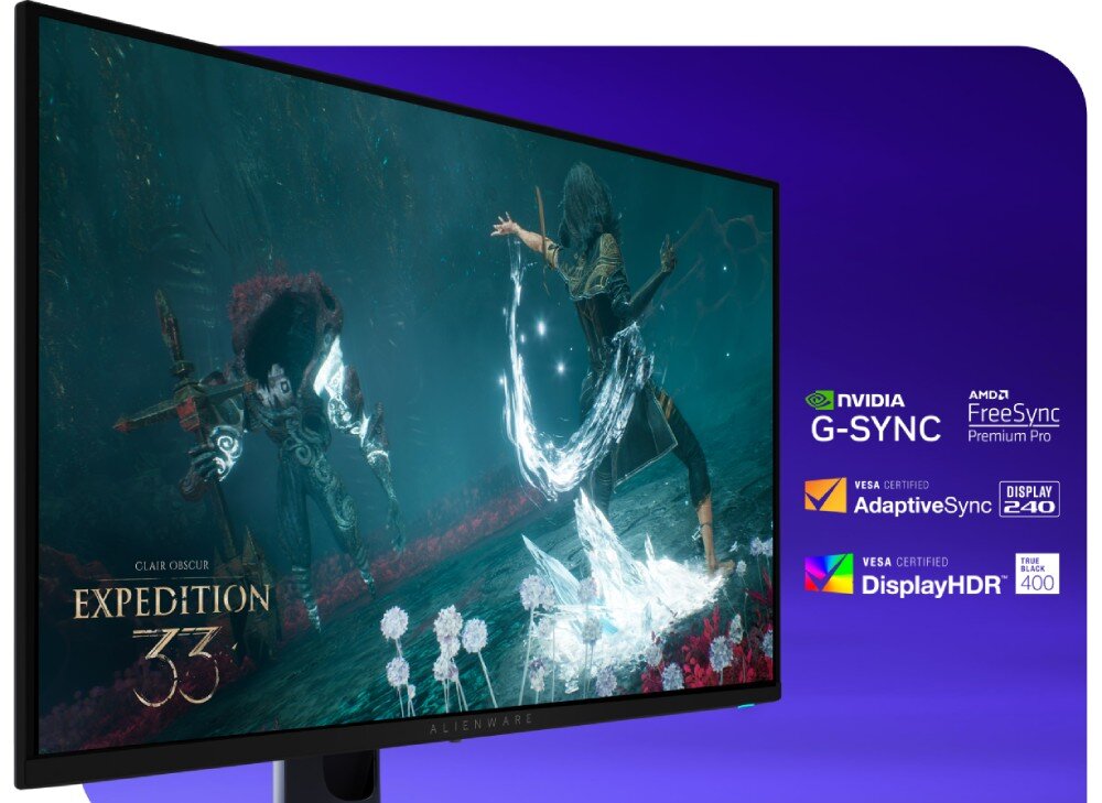 Monitor DELL Alienware AW2725Q Monitor widoczny pod kątem z lewej strony wyświetlający dynamiczną scenę walki z użyciem magii lodu