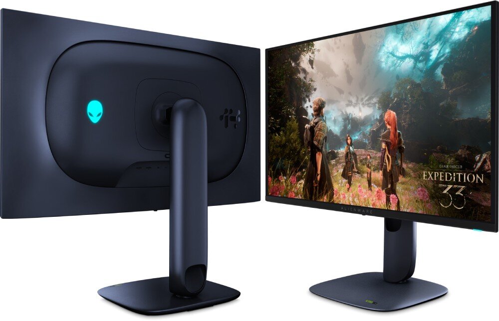Monitor DELL Alienware AW2725Q Zestawienie dwóch monitorów obok siebie pokazujące jednocześnie wygląd tylnej obudowy i przedniego ekranu