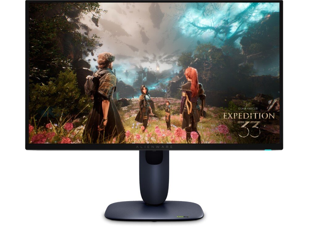 Monitor DELL Alienware AW2725Q Widok monitora od przodu z wyświetloną sceną z gry przedstawiającą trzy postacie na leśnej polanie
