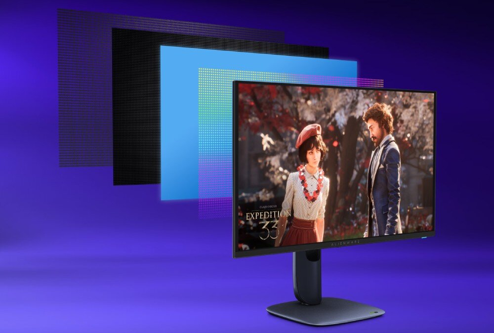 Monitor DELL Alienware AW2725Q Grafika prezentująca rozłożone warstwy technologiczne matrycy monitora na tle wyświetlanej sceny z gry