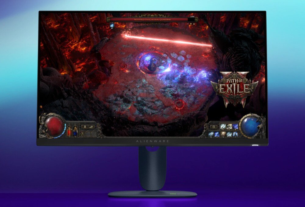 Monitor DELL Alienware AW2725DM Monitor pokazujący rozgrywkę z gry 'Path of Exile' z widocznym interfejsem, ustawiony na fioletowo-niebieskim tle