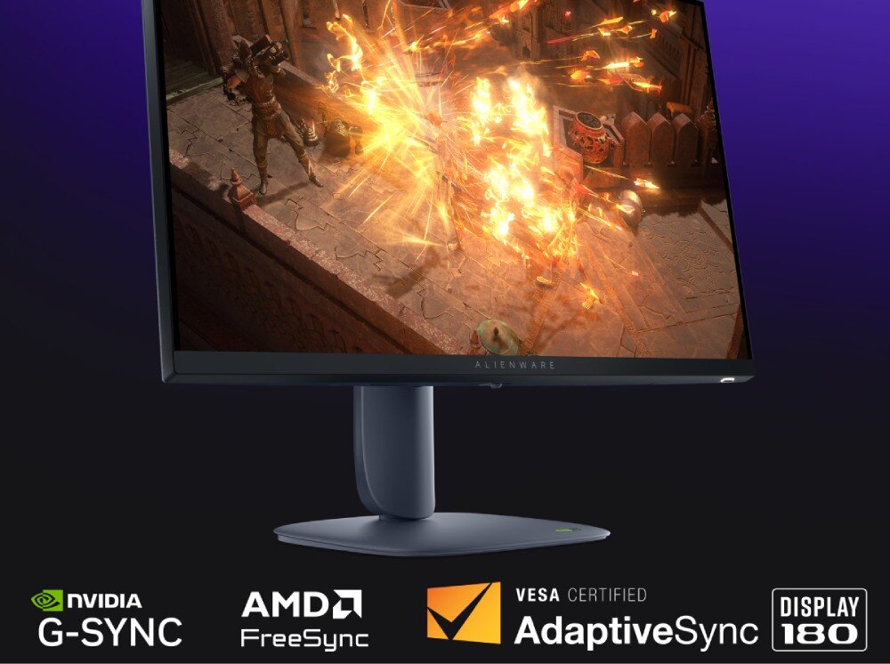Monitor DELL Alienware AW2725DM Monitor wyświetlający dynamiczną walkę z efektami ognia, poniżej znajdują się logotypy technologii G-SYNC, FreeSync, AdaptiveSync i Display 180