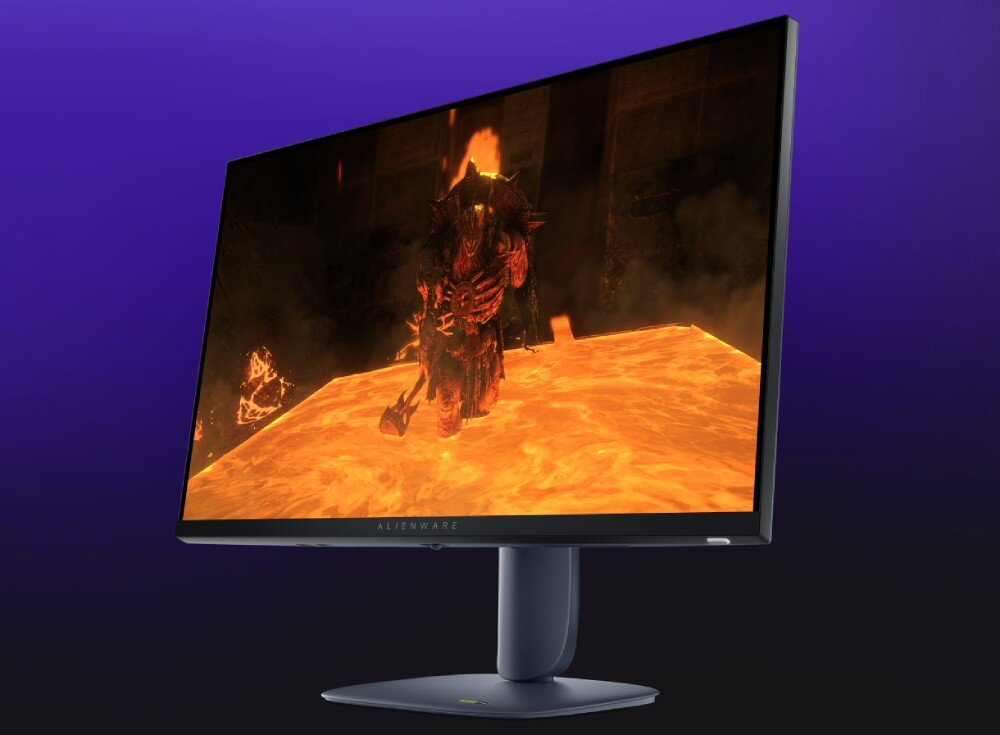 Monitor DELL Alienware AW2725DM Monitor ukazany pod kątem, wyświetlający postać idącą przez rzekę lawy w mrocznej scenerii gry komputerowej