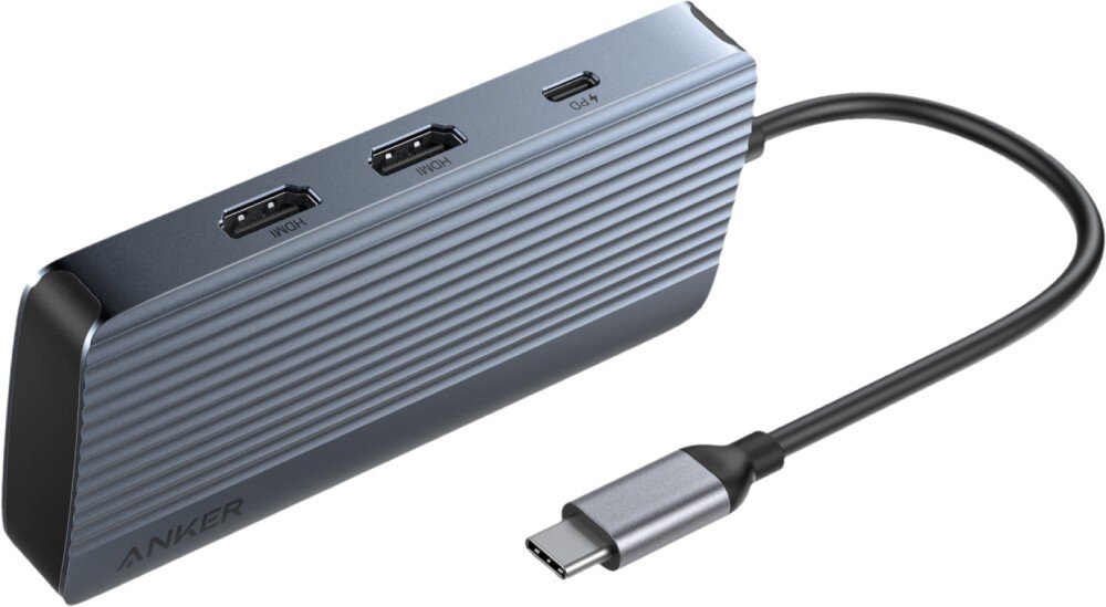 Hub ANKER A83740A1 7w1 Szary, podłużny hub USB-C marki Anker o prążkowanej teksturze, z widocznymi dwoma portami HDMI oraz jednym portem USB-C z oznaczeniem PD