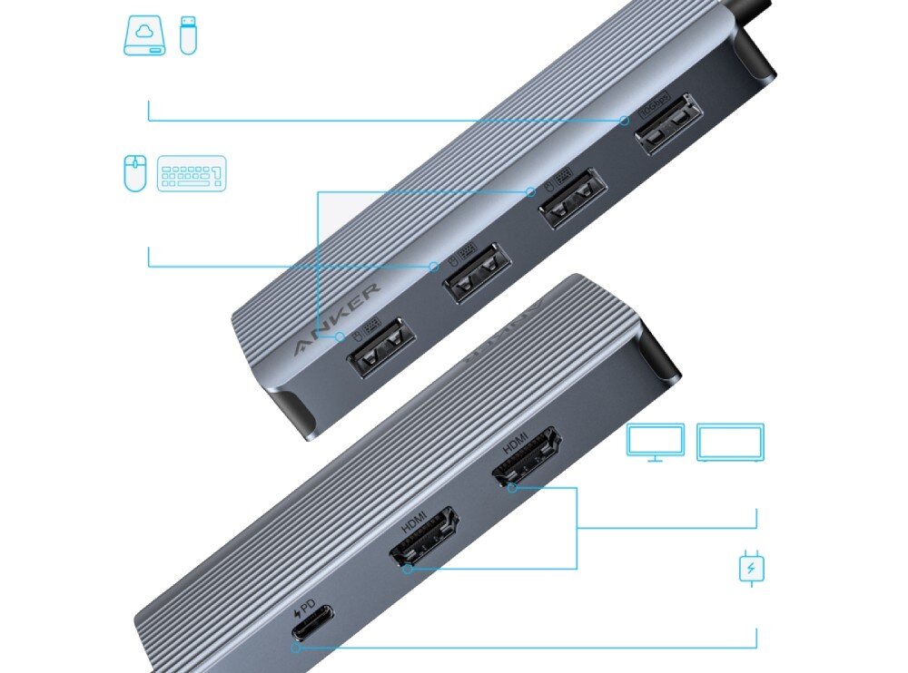 Hub ANKER A83740A1 7w1 Grafika prezentująca obie strony huba z ikonami opisującymi przeznaczenie portów: trzy porty USB-A dla klawiatury i myszy, jeden port USB-A 10Gbps dla pamięci zewnętrznej, dwa porty HDMI dla monitorów oraz jeden port USB-C PD do ładowania