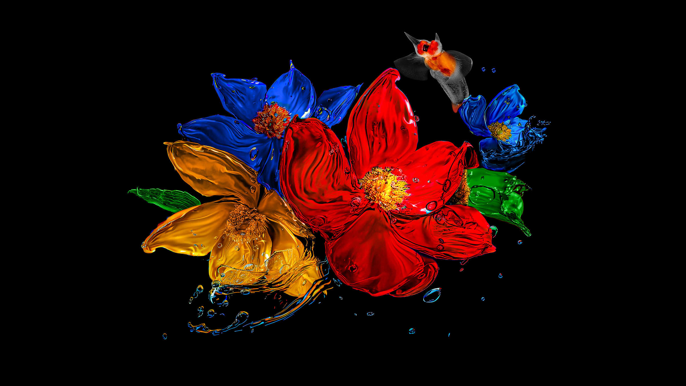 Abstrakcyjne kwiaty w żywych barwach na czarnym tle, symbolizujące technologię QLED.