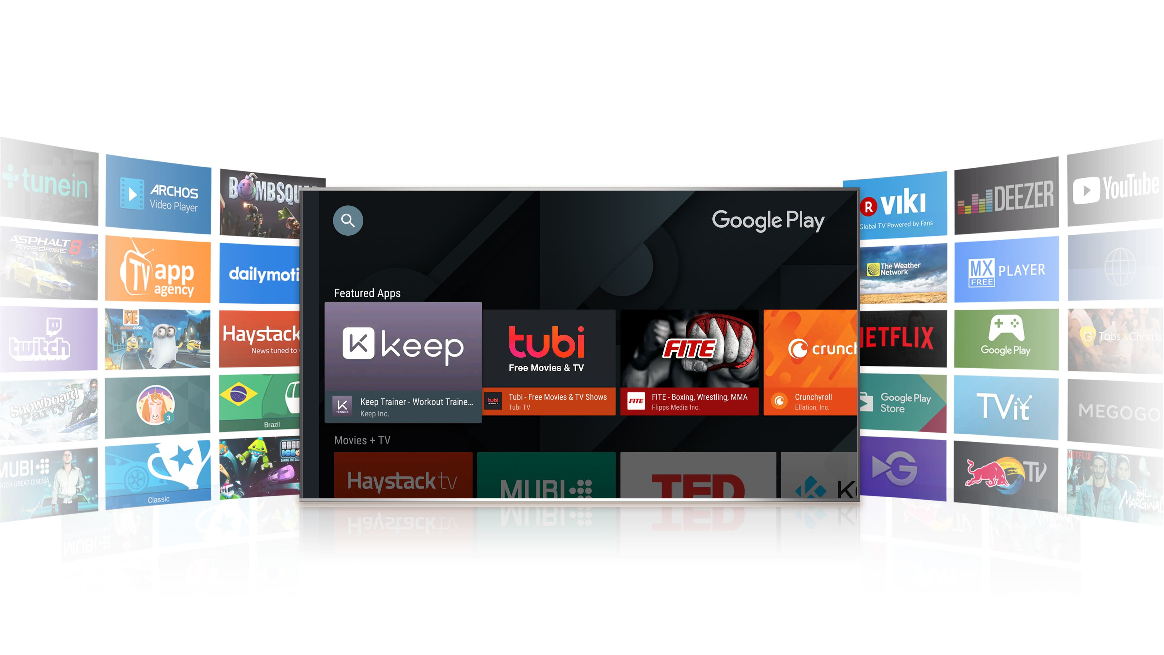 Interfejs Google Play na telewizorze TCL z aplikacjami streamingowymi i grami.