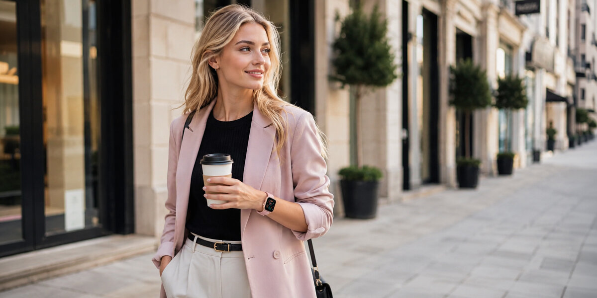 Kobieta idąca przez ulicę z kawą w dłoni, na jej nadgarstku leży różowy smartwatch Denver.