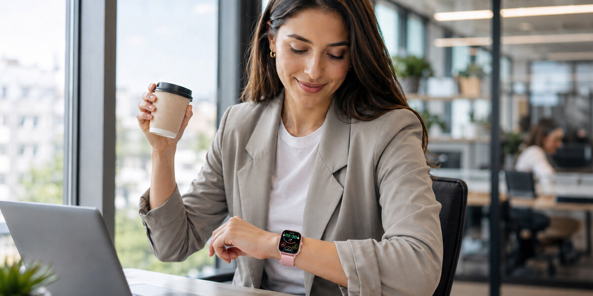 Kobieta patrzy na różowy smartwatch Denver trzymając kawę w biurze.