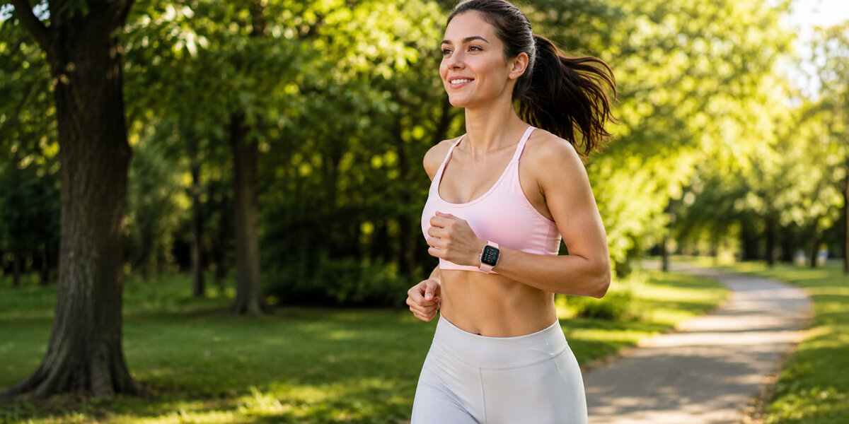 Kobieta biegnąca przez park, na jej nadgarstku leży różowy smartwatch Denver.