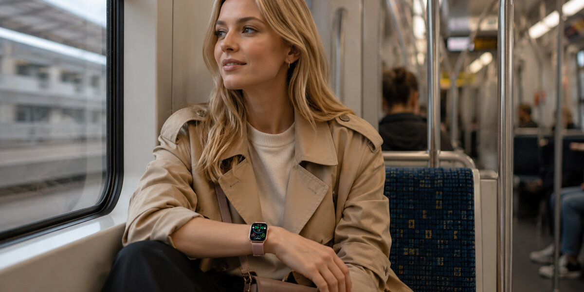 Kobieta siedząca w pociągu, na jej nadgarstku leży różowy smartwatch Denver.