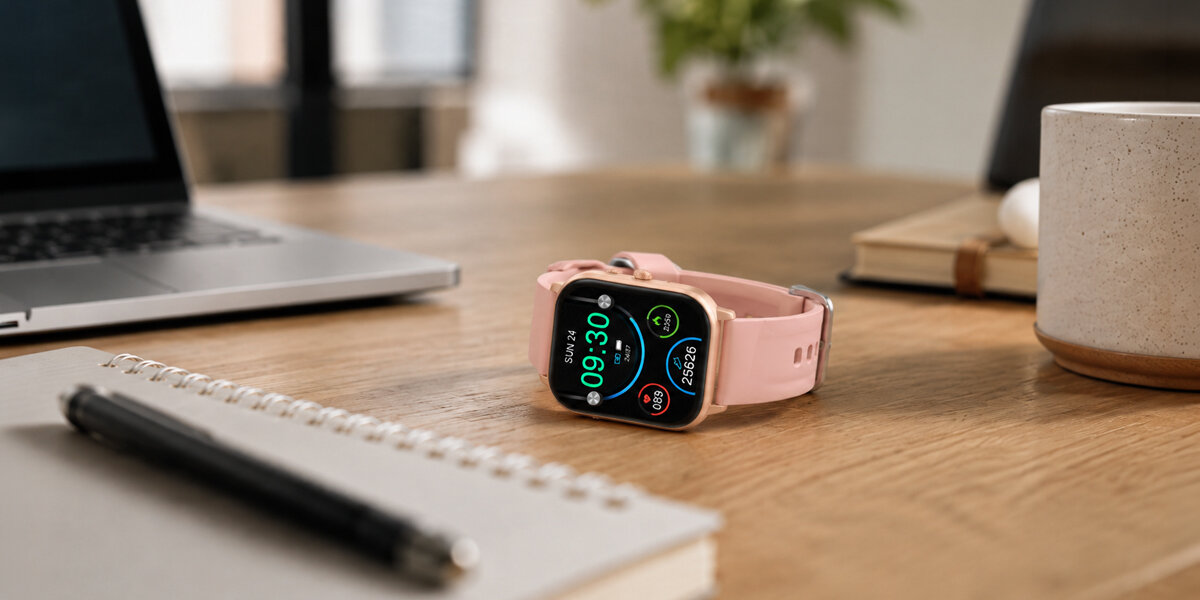 Różowy smartwatch Denver leżący na stole obok laptopa, notesu, długopisu oraz filiżanki z kawą.