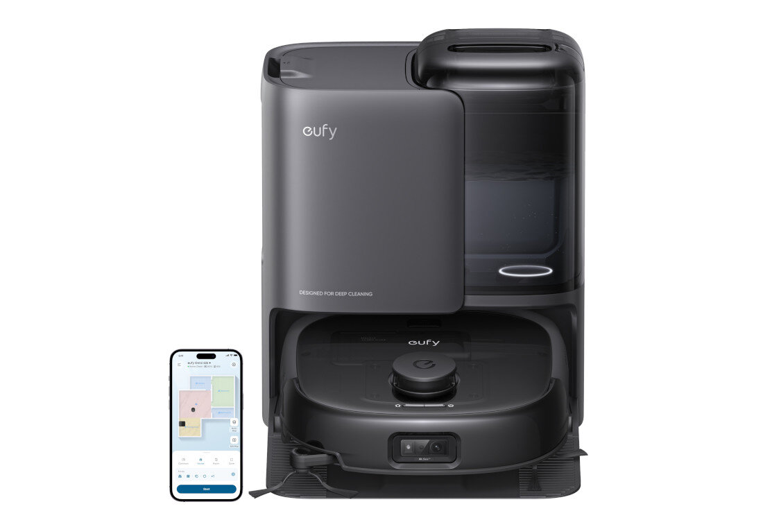 Robot sprzątający EUFY E25 Automatyczne opróżnianie zbiornika Ciche i wydajne działanie poziom hałasu czas pracy samodzielnie uzupełnia i opróżnia zbiorniki na wodę i kurz suszy mop gorącym powietrzem