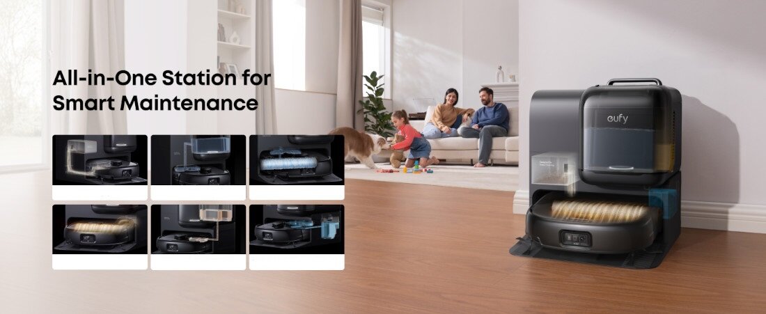 Robot sprzątający EUFY Omni E28 system sprzątania automatycznie czyści mopa uzupełnia wodę opróżnia worek na kurz moc ssąca odkurza i myje podłogi System HydroJet™ usunięcie zabrudzeń  technologia BoostIQ™ 