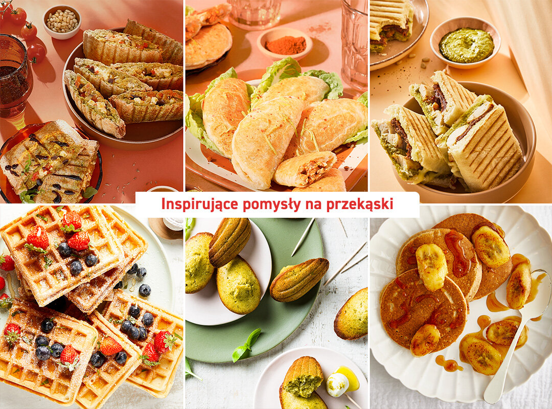 Różnorodne przekąski i desery na talerzach, w tym gofry z owocami, tosty, naleśniki i nadziewane wypieki.