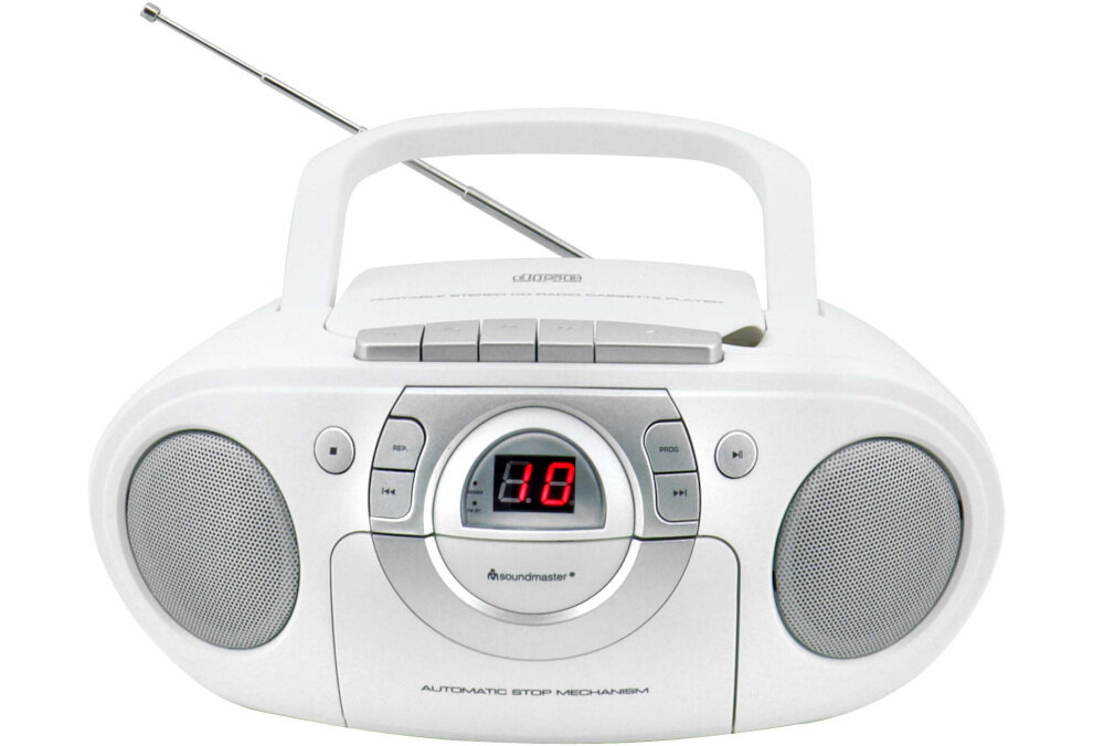 Radioodtwarzacz SOUNDMASTER SCD5100BL zasilanie sieciowe bateryjne uchwyt przenoszenie, Radioodtwarzacz od frontu na białym tle