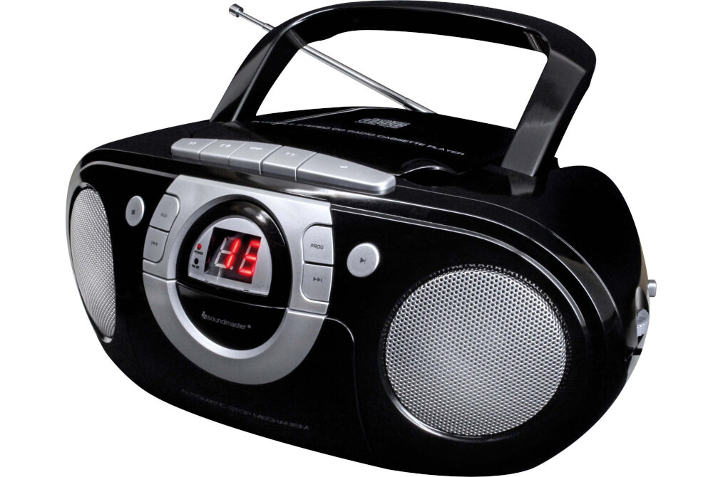 Radioodtwarzacz SOUNDMASTER SCD5100RO dźwięk stereo głośniki szerokopasmowe kompaktowe wymiary, Radioodtwarzacz po skosie na białym tle