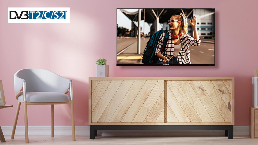 Telewizor TELEFUNKEN TFL-32APH1000 - Wbudowany tuner DVB-T2/C/S2, HEVC H.265, telewizor wiszący na ścianie w pomieszczeniu