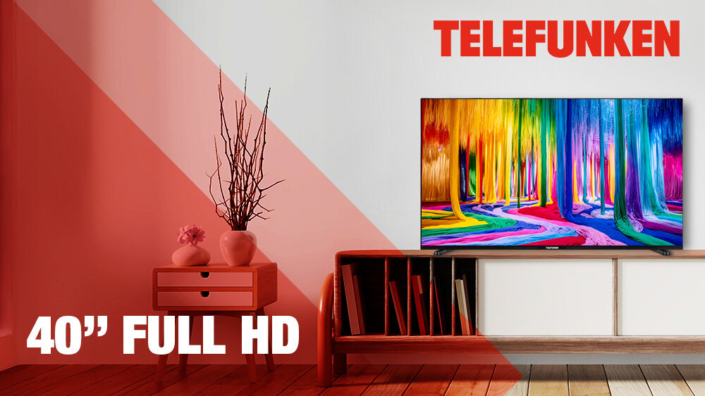 Telewizor TELEFUNKEN TFL-40BPF1000 - Wygodne oglądanie w Full HD, telewizor stojący na szafce w pomieszczeniu