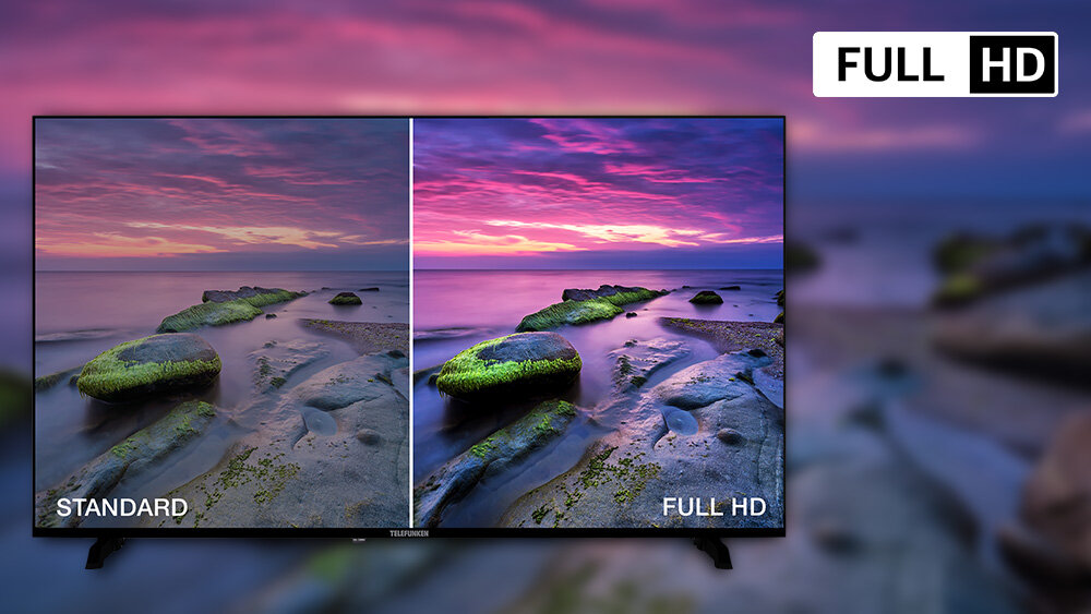 Telewizor TELEFUNKEN TFL-40BPF1000 - Obraz w jakości HD, przekątna 40 cale, telewizor stojący od frontu na tle krajobrazu
