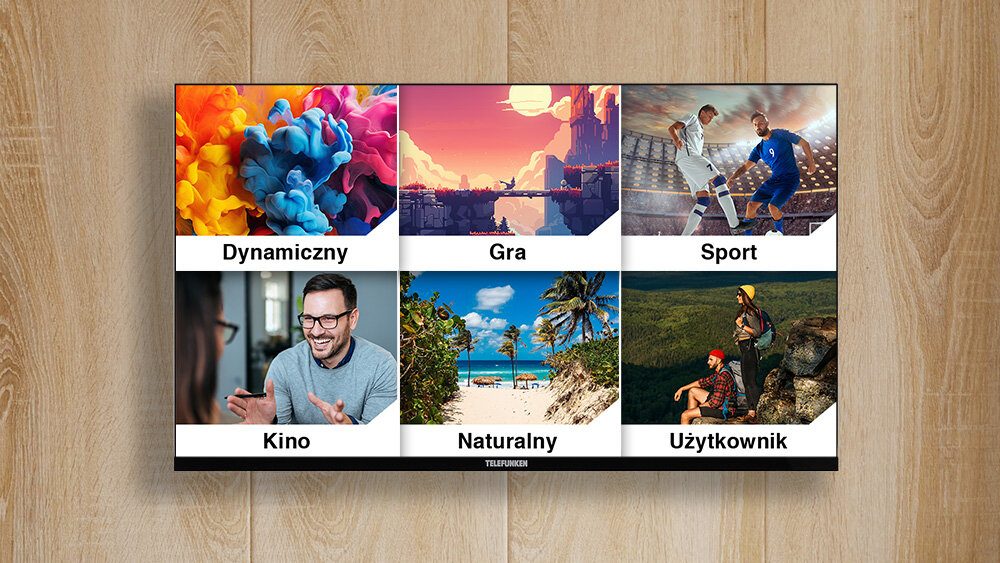 Telewizor TELEFUNKEN TFL-40BPF1000 - Dopasowane tryby obrazu, 6 trybów obrazu, tryb SPORT, tryb kino, tryb Dynamiczny, Gra, Naturalny i Użytkownika, telewizor zawieszony na ścianie