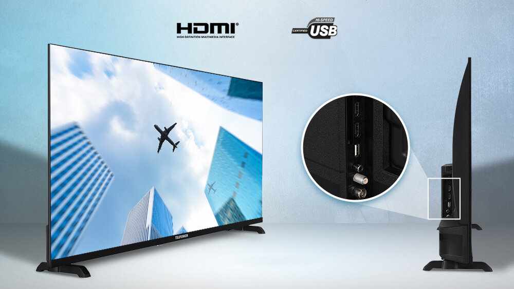 Telewizor TELEFUNKEN TFL-40BPF1000 - Praktyczne złącza, dwa złącza HDMI, HDMI ARC, złącze USB-A, telewizor pod skosem oraz z boku, kadr złącz