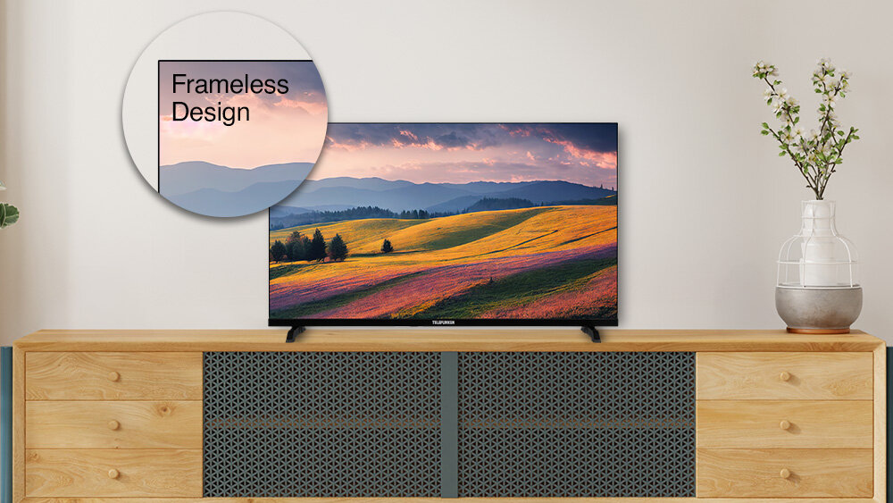 Telewizor TELEFUNKEN TFL-40BPF1000 - Stylowy design, telewizor stojący na komodzie, kadr na ramkę telewizora