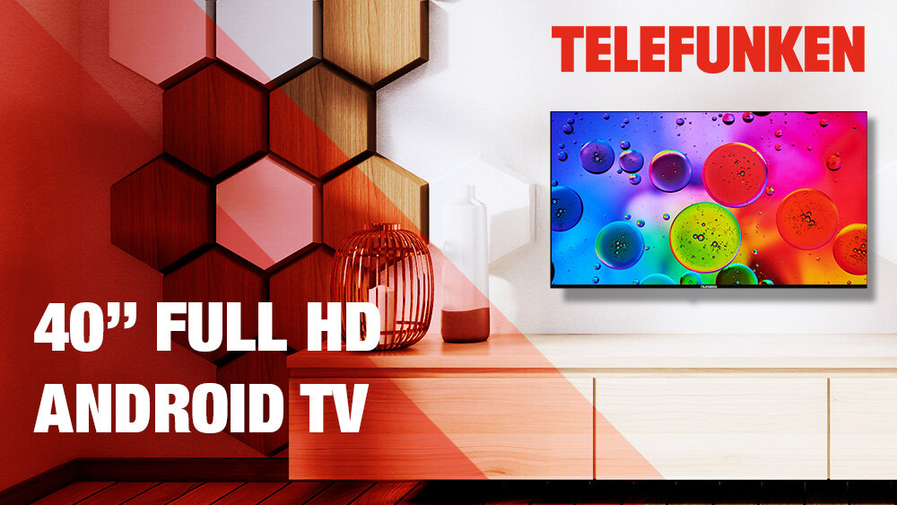 Telewizor TELEFUNKEN TFL-40APF1000 - Rozrywka z Android TV, telewizor wiszący na ścianie w pomieszczeniu