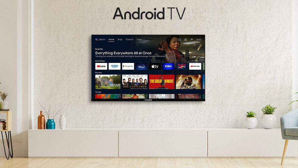 Telewizor TELEFUNKEN TFL-40APF1000 - Baw się z Android TV, platformy streamingowe, telewizor wiszący na ścianie nad komodą