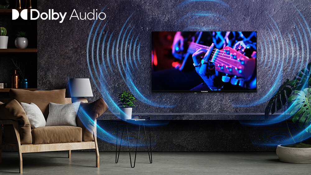 Telewizor TELEFUNKEN TFL-40APF1000 - Dźwięk Dolby Audio, telewizor zawieszony na ścianie w pomieszczeniu