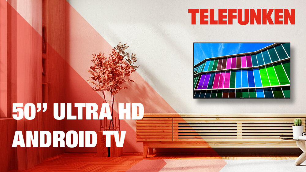 Telewizor TELEFUNKEN TFL-50AEU2000 - Jakość obrazu 4K UHD, telewizor stojący na komodzie w salonie