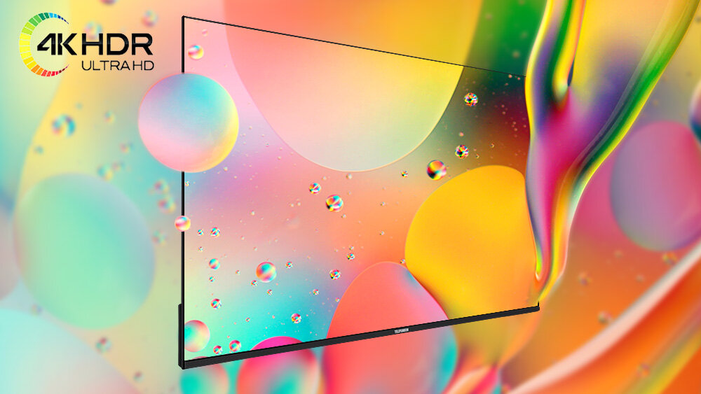 Telewizor TELEFUNKEN TFL-50AEU2000 - Wysoka rozdzielczość, Ultra HD, HDR10, telewizor pod skosem wyświetlający kolorwy obraz