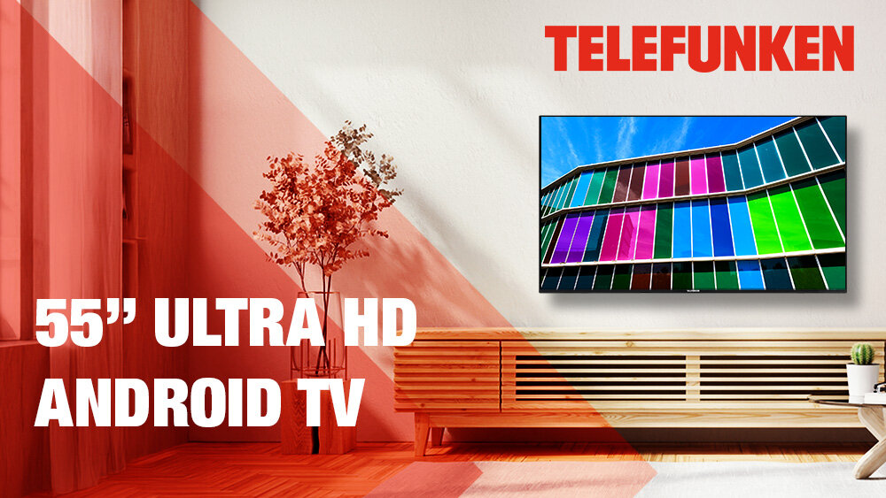 Telewizor TELEFUNKEN TFL-55AEU2000 - Jakość obrazu 4K UHD, telewizor stojący na komodzie w salonie